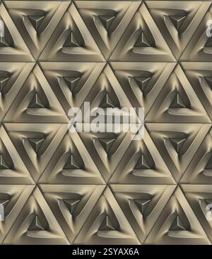 This 3D illustration features an intricate geometric pattern with a modern aesthetic, ideal for wallpaper designs. It presents a repeating triangular Stock Photo
