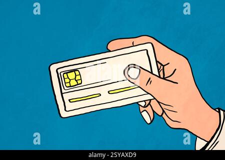 An artistic illustration featuring a hand holding a credit card against a solid blue background. This image conveys a theme of access and admission in Stock Photo