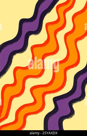 This artwork features flowing waves painted in bold purple, orange, and yellow colors, creating a striking abstract pattern on a creamy background. Stock Photo
