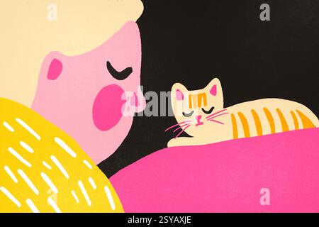A colorful illustration depicting a peaceful scene where a sleeping cat lies next to a contented, dozing person under a pink blanket. Stock Photo