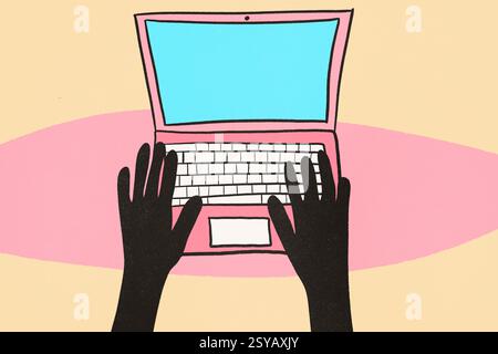 A vibrant illustration of black silhouette hands typing on a laptop, set against a split pink and pale yellow background. Perfect for portrayals of of Stock Photo