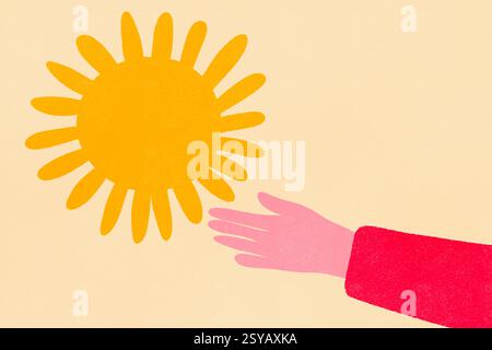 A vibrant illustration featuring a hand extending from a red sleeve, reaching towards a large, textured sun on a pastel background. Stock Photo