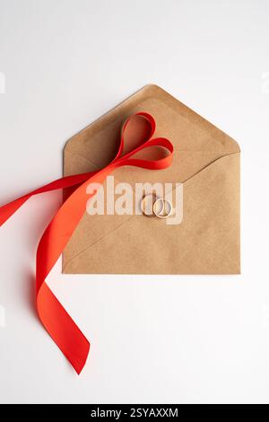 Top view of gold wedding rings placed on a brown envelope, tied with a vibrant red ribbon, suggesting a romantic concept perfect for Valentine's Day. Stock Photo