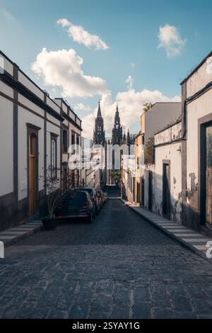 A peaceful stone-paved street lined with whitewashed limestone homes ...