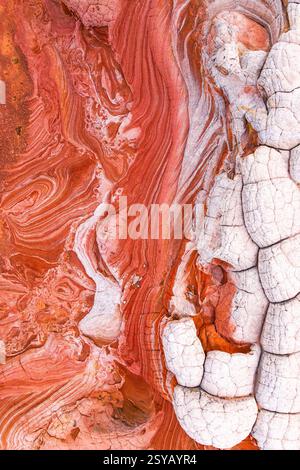 An abstract close-up shot of vibrant red and white rock formations showing natural patterns and textures that create a visually captivating scene. Stock Photo