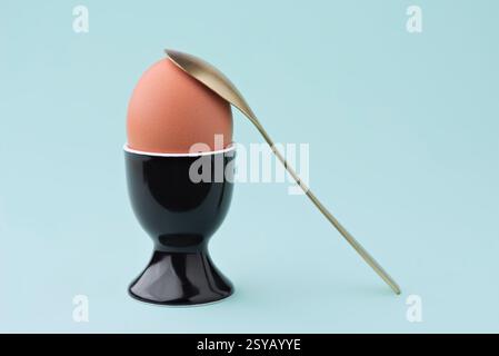 A clean and simple image showing a brown egg positioned in a sleek black egg cup, accompanied by a golden spoon, against a soft blue background. Stock Photo