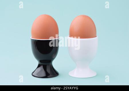 A pair of fresh brown eggs displayed in sleek black and white ceramic egg cups against a soft pastel blue background. Stock Photo