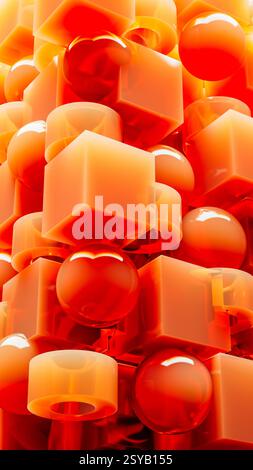 An engaging array of 3D geometric shapes in fiery orange tones combines spheres and cubes, creating a dynamic and visually stimulating design. Stock Photo