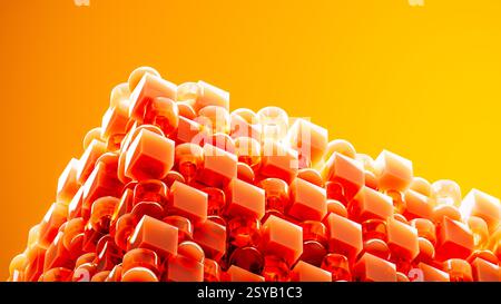 An engaging array of 3D geometric shapes in fiery orange tones combines spheres and cubes, creating a dynamic and visually stimulating design. Stock Photo