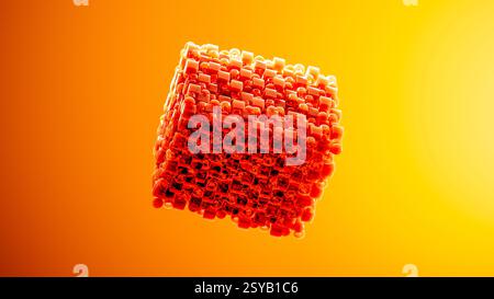 An engaging array of 3D geometric shapes in fiery orange tones combines spheres and cubes, creating a dynamic and visually stimulating design. Stock Photo