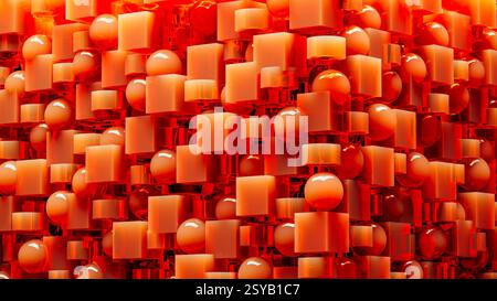 An engaging array of 3D geometric shapes in fiery orange tones combines spheres and cubes, creating a dynamic and visually stimulating design. Stock Photo