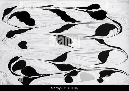 Monochromatic abstract image featuring fluid black and white acrylic paint floral patterns. The intricate swirls and curves create a dynamic and elega Stock Photo
