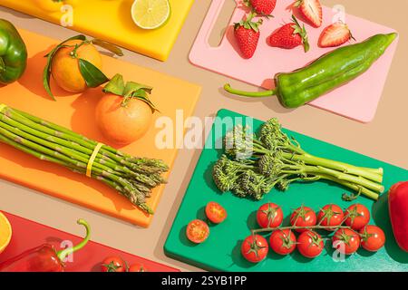 A vibrant display of fresh fruits and vegetables on multicolored cutting boards, featuring oranges, strawberries, asparagus, tomatoes, and more, creat Stock Photo