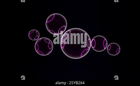 A captivating 3D illustration showcasing a cluster of floating purple bubbles with glowing edges, immersed in a deep black background. Stock Photo