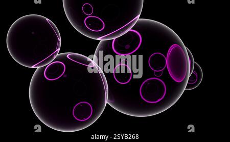 A striking 3D render featuring multiple glossy black spheres, each adorned with vibrant purple highlights. These spheres vary in size and are set agai Stock Photo