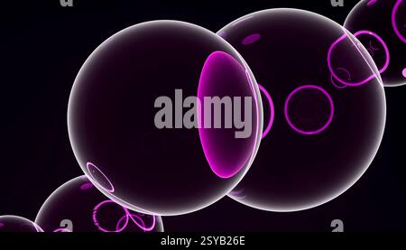 A visually striking 3D render of large, glossy purple spheres floating against a dark, shadowy background, illuminated by subtle pink highlights. Stock Photo