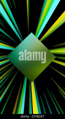 A vibrant 3D render featuring a central glowing cube surrounded by dynamic green and yellow beams radiating outward. Stock Photo