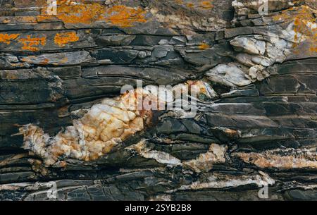 A detailed close-up of a rock surface showcasing colorful mineral deposits and intricate cracks. The weathered texture and layered patterns highlight Stock Photo