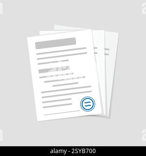 Document with stamp and text icon in flat style. White papers vector illustration on isolated background. Confirmed or approved document sign business Stock Vector