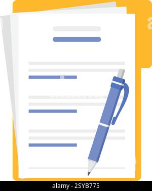 Document, pen, folder with stamp and text icon in flat style. White papers vector illustration on isolated background. Confirmed or approved document Stock Vector