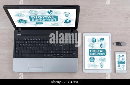 Digital disruption concept shown on different information technology devices Stock Photo
