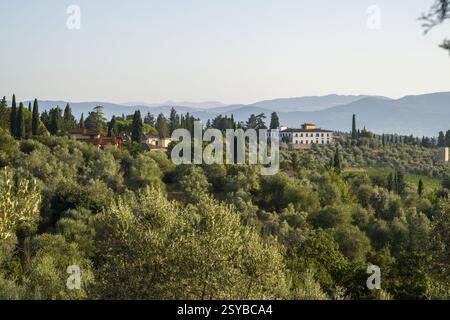 Italian Farmhouse Rural Tuscan landscape, country estate with a farm house, olive trees and ...