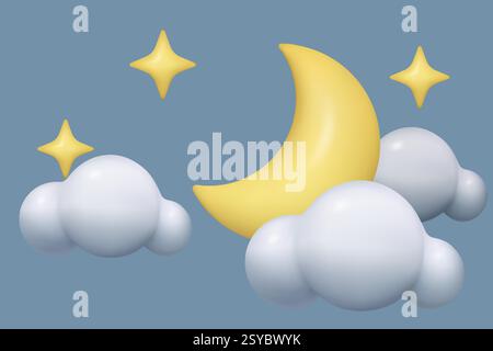3d cloud moon stars realistic night weather icon plastic three dimensional toy vector illustration Stock Vector