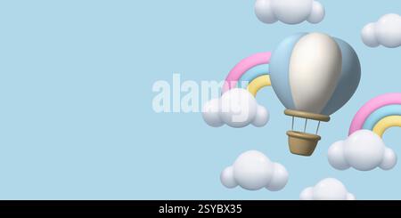 Flying 3d Hot Air Balloon clouds and rainbow cute 3d realistic clay aerostat vector illustration Stock Vector