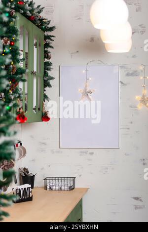 white canvas paper on brick wall. new year corner in the room Stock Photo