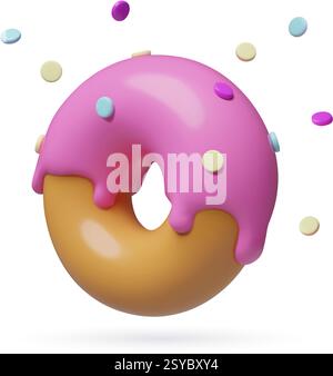 3d pink donut icon with colorful sprinkles realistic plastic vector illustration isolated on white Stock Vector