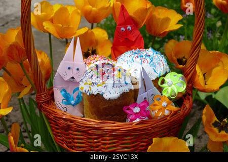 Happy Easter: sweet cakes with colorful decorations. Stock Photo
