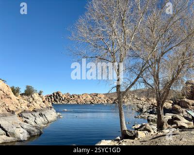 Leafless trees by the rocky shoreline of Watson Lake in Prescott, AZ Stock Photo