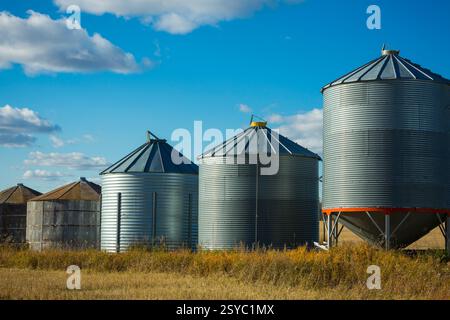 Three large metal tanks are sitting in a field. The tanks are silver and have a red rim Stock Photo