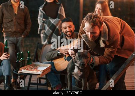 Group of people is having fun together. Man playing guitar, his friend is playing with dog. Stock Photo