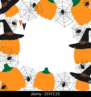 Pumpkins in Witch caps spiders on cobweb square Frame border Halloween greetings Copy space Template. Isolated Vector illustration Thematic cards or web promo banner, leaflet, price, label, invitation Stock Vector