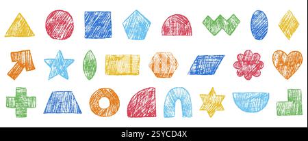 Set of color pencil kids geometric shapes with charcoal texture. Crayon hand drawn figures. Circle, triangle, square, trapezoid, rhombus, star, heart Stock Vector