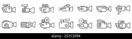 Video camera icon. Editable stroke. Set of black linear video camera icons. Camera symbol. Vector illustration Stock Vector