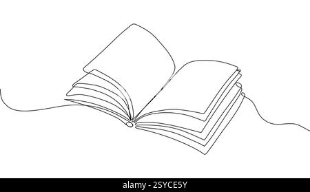 Minimalist continuous one line drawing of an open book, symbolizing online libraries, digital file systems Stock Vector