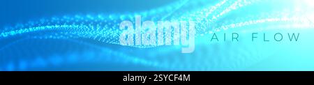 Air waves with depth of field. Particle stream of clean fresh air. Air conditioner. Fresh scent and air filtration effect. Blue wide wavy background. Stock Vector