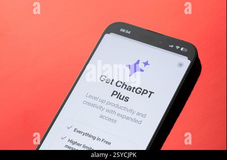 New York, USA - February 24, 2025: Get ChatGpt plus app on smartphone screen close up view Stock Photo