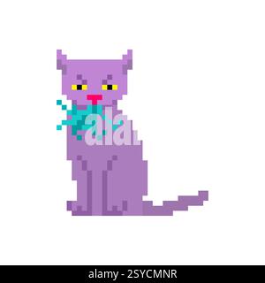 Cat with tentacles in mouth pixel art. 8 bit Pet galactic animal. pixelated Cat with Polypody parasite Stock Vector