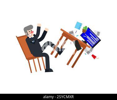Angry manager overturns table. businessman throws table in anger. Concept Nervous breakdown at work. Frustrated office worker. Stock Vector