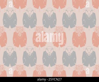 Tiger and sheep businessman pattern seamless. leopard Tiger and ram in business suit background. Beast boss texture. Stock Vector