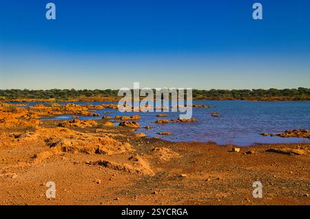 Red earth and rocks on the shore of a small lake light up in the setting sun. Niagara Dam Nature Reserve, Menzies, Western Australia. Stock Photo