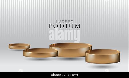 Set of four beautiful golden stage, pedestal or podium in stripped paper studio background. 3D illustration. Perfect background or mockup for cosmetic Stock Vector