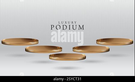 Set of five beautiful golden stage, pedestal or podium in stripped studio background. 3D illustration. Perfect background or mockup for cosmetics Stock Vector