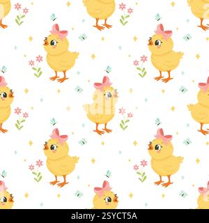 A delightful pattern with cute baby chicks, butterflies, and flowers. Perfect for children's clothing, holiday cards, and decorative elements. Stock Vector