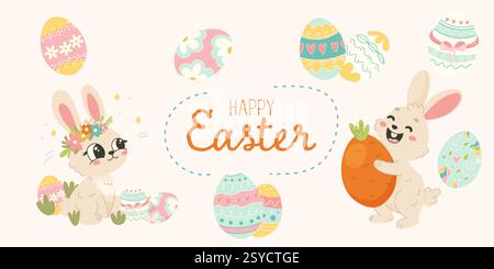 Playful Easter bunnies surrounded by colorful eggs and a big carrot. A cheerful illustration for greeting cards, decor, and gift packaging. Stock Vector