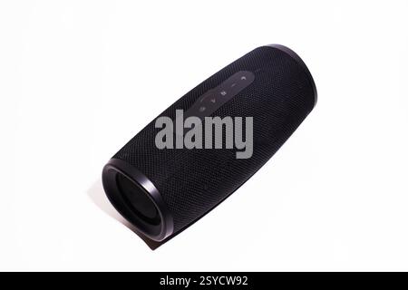 Bluetooth speakers. Wireless speaker isolated on white background with clipping path. Studio shot. Black speake Stock Photo