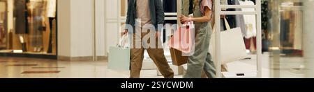 Website banner with unrecognizable single father with two kids shopping in luxurious mall Stock Photo